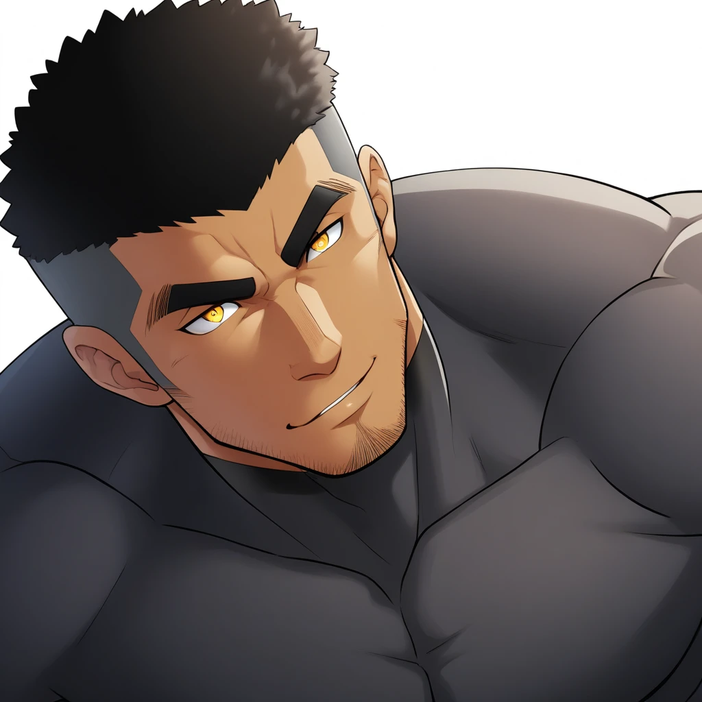 one negro, anime characters:Gyee, Muscle Sports Student, negro black skin, Very Black, 1 muscular tough guy, Manliness, male focus, Dark grey ong sleeve tights, Regular symmetrical pattern, Very tight, The pectoral muscles are oversized, muscular male, muscular, only, Upper body, alone, Black short hair, Thick eyebrows, stubble, Yellow eyes, White background, simple background, amazing quality, best aesthetics, Ridiculous, bright pupils, crew cut, parted lips, seductive smile, torogao, naughty face, best quality