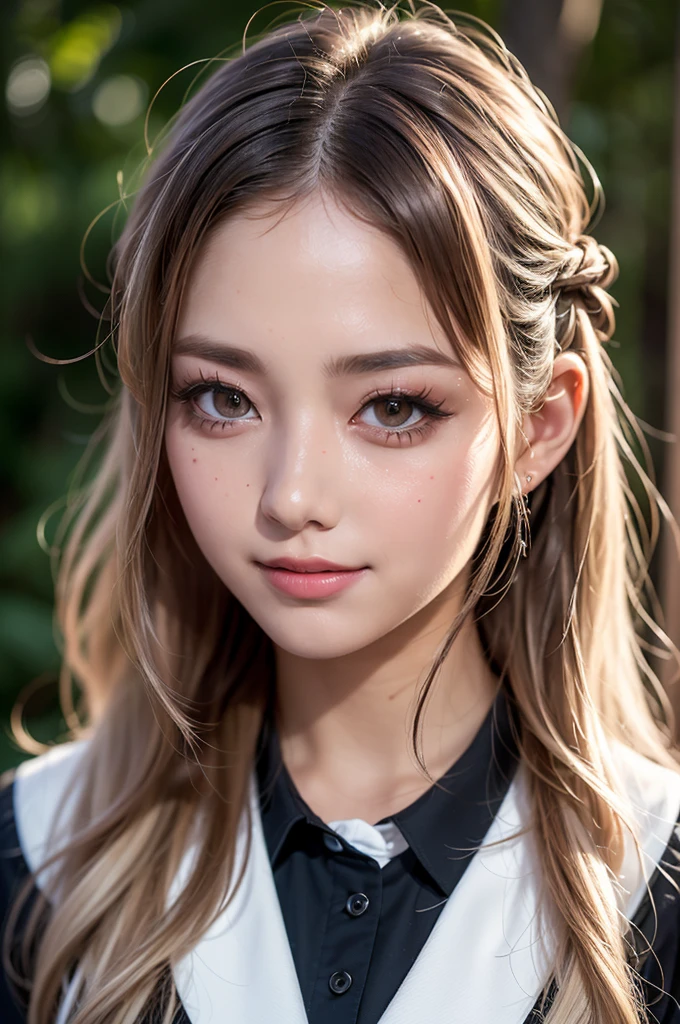 Realistic, masterpiece, Highest quality, Highest Resolution, High Detail, Soft Light, Professional Lighting, Backlight, Film Grain, The background is blurred, Japanese , (The subject was photographed from above at an angle, The model does not look at the camera:1.3), 16 years old, Upper body photo, Looks sleepy, inattention, Grinning, Open your mouth, Beautiful and detailed eye drawing, (Droopy eyes:1.3), Dark Eyes, Thin eyebrows, Draw eyelashes carefully, Eyelash extensions, Gal Makeup, Orange Cheek, (White brown wavy hair, Long Hair, Hair tied back, middle part:1.3), (Hidden eyelid wrinkles:1.3), (Gothic uniform:1.2), (Summer forest:1.3), (Face close-up:1.2)