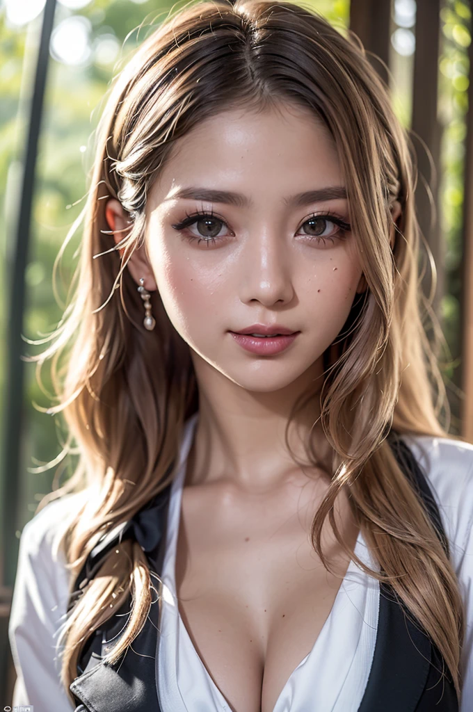 Realistic, masterpiece, Highest quality, Highest Resolution, High Detail, Soft Light, Professional Lighting, Backlight, Film Grain, The background is blurred, Japanese , (The subject was photographed from above at an angle, The model does not look at the camera:1.3), , Upper body photo, Looks sleepy, inattention, Grinning, Open your mouth, Beautiful and detailed eye drawing, (Droopy eyes:1.3), Dark Eyes, Thin eyebrows, Draw eyelashes carefully, Eyelash extensions, Gal Makeup, Orange Cheek, (White brown wavy hair, Long Hair, Hair tied back, middle part:1.3), (Hidden eyelid wrinkles:1.3), (Gothic uniform:1.2), (Summer forest:1.3), (Face close-up:1.2)