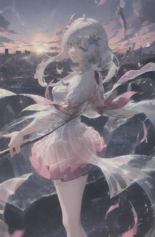 Official Art, masterpiece, Be focused, (beautiful, Beautiful and lovely Korean woman:1.3), (beautiful and cute Korean:1.3), Korean beauty, 精致beautiful头发、Eyes and face, Practical, Extremely detailed, beautiful女孩, Blue sky, Glowing white particles, (Side Light:1.2), Sunlight, White Cloud, Detailed clouds, Slim, Such a cute big ass, Smile with teeth bared, ((Smile with your eyes, Open your eyes)), landscape, Long straight hair, Sexy facial expressions, architecture, (城市landscape:1.7), Dynamic Hair, very Long straight hair, Detailed platinum silver hair, Green Eyes, (Pink Pleated Shirt + skirt), White socks, Pale skin, Hair accessories, epic landscape,Short skirt,Nice ass,beautiful buttocks