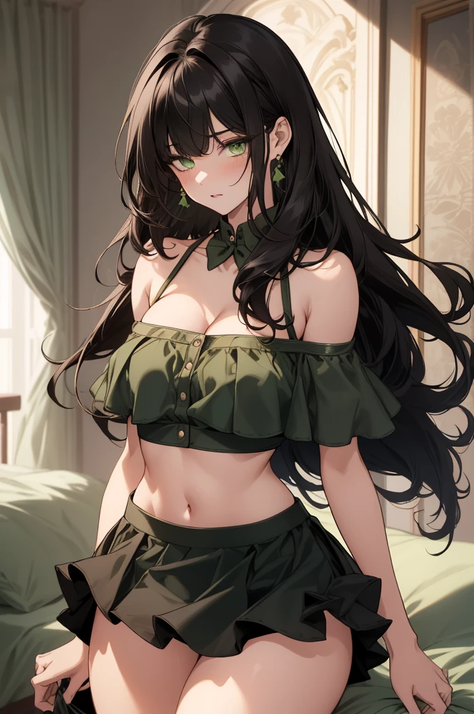 (top quality, masterpiece, high quality, ultra-delicate), ((beautiful girl)), ((Dark black hair)), sexy mature, graceful curves, (long hair, long bangs), ((bright green eyes)), sleeveless, detailed eyes, bangs, ((short crop top, mini skirt no panties)), nipple large breast and chest, no collar, small blush, in a bedroom, ((thick thighs and hips)), breast, green earrings, no halter, cleavage.