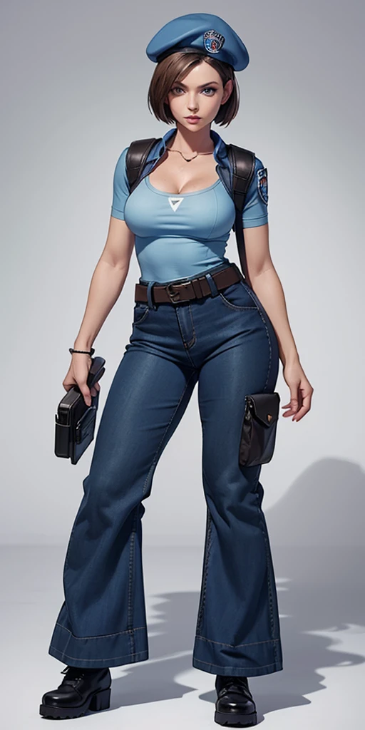 Jill Valentine, masterpiece, best quality, 1girl, solo, standing, jillre1, beret, uniform, shoulder pads, short sleeves, harness, belt, bell-bottom blue pants(Wide flares on pants:1.2), cleavage, black combat boots, full body, perfect blue eyes, perfect red mouth,