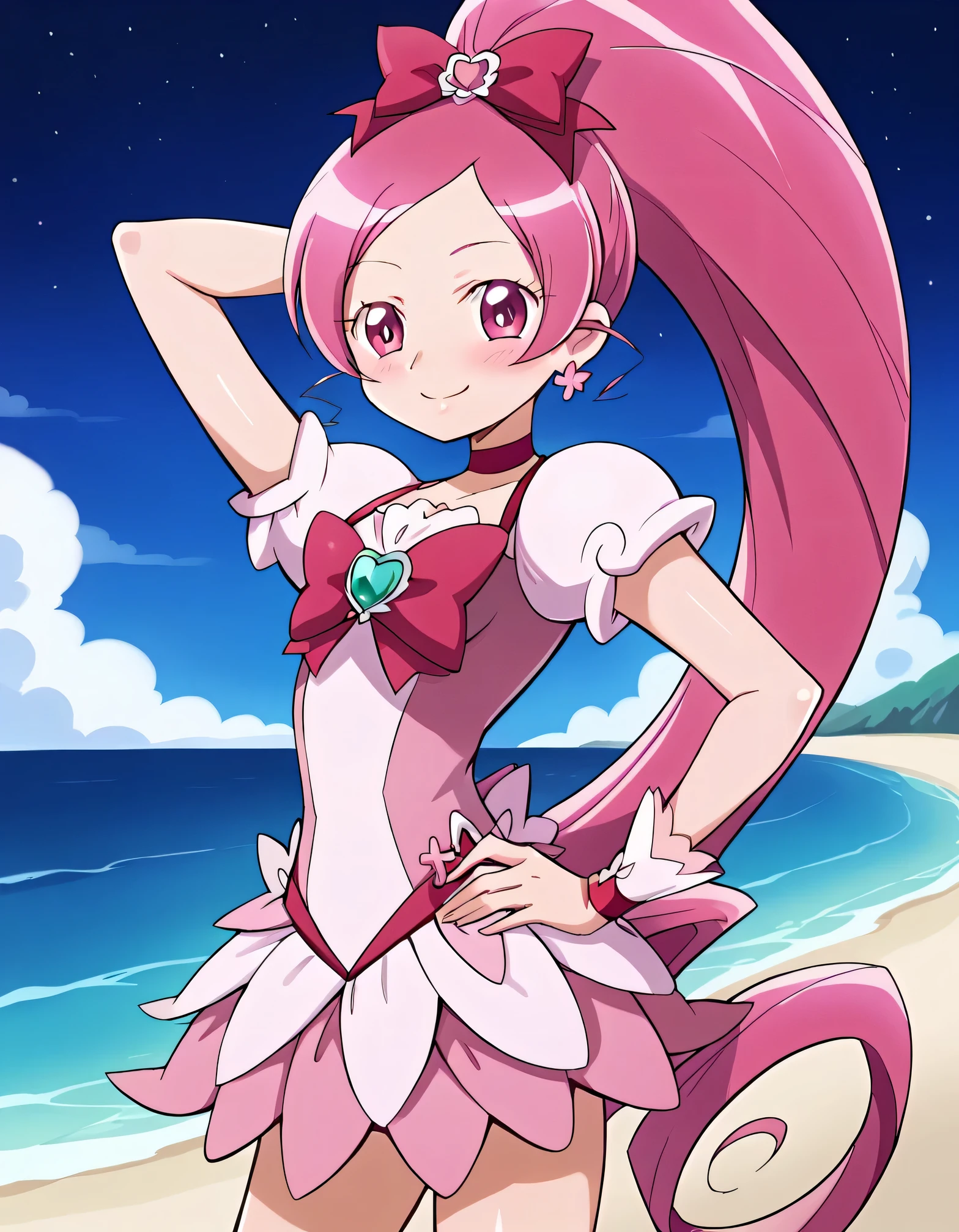 cureblossom, shiny skin, high quality, solo, 1girl, night sky, beach, arm behind head, hand on hip, sexy, (contrapposto), closed mouth, spread armpits, cowboy shot, looking at viewer, smile, best quality, blushing,