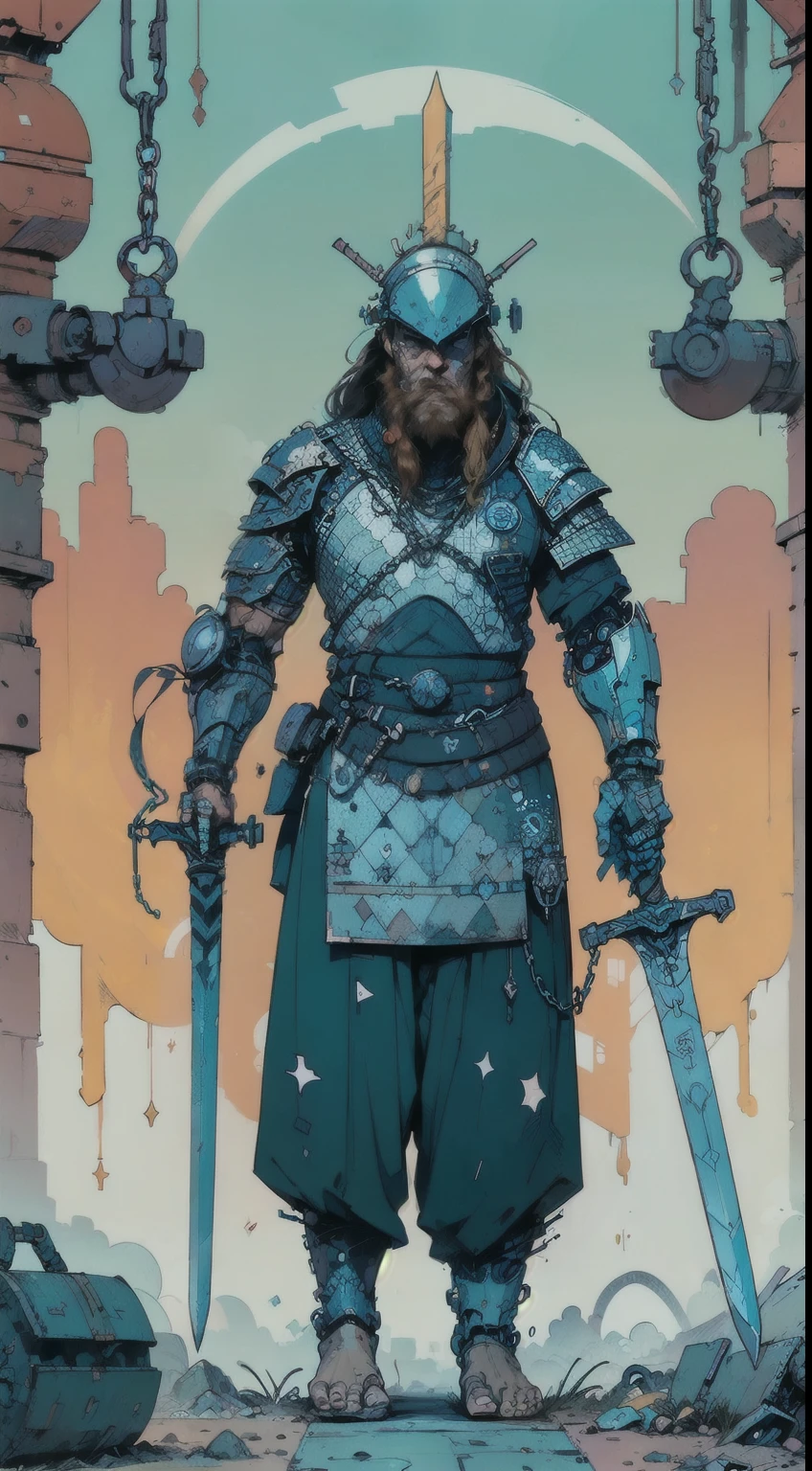 1man, giant brutish man, perfect proportions, anatomically correct, (head to toe: 2.0), (full body image: 2.0), solo, extremely stylized, masterpiece, highly detailed, detailed eyes, expressive detailed eyes, detailed pupils, futuristic, ((wearing medieval armor )), ((holding a sword and shield)), (cybernetic arms:1.4), big boots, entire body image, full body shot, large beads, (large tassels), inkpunk, paint platter, ink splatter, (action pose:1.0), ((chainmail shirt)), old warrior, long beard, ((armor shoulders))