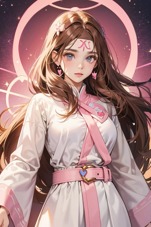 SHE  resembles a human with brown hair and a white . SHe wears white robes with a pink belt and heart, a ribbon with a heart on hER forehead, rides on a pink cloud, has a large pink heart outline floating over hER head, and holds a pink heart-shaped staff. SPARKLE; GLITTER