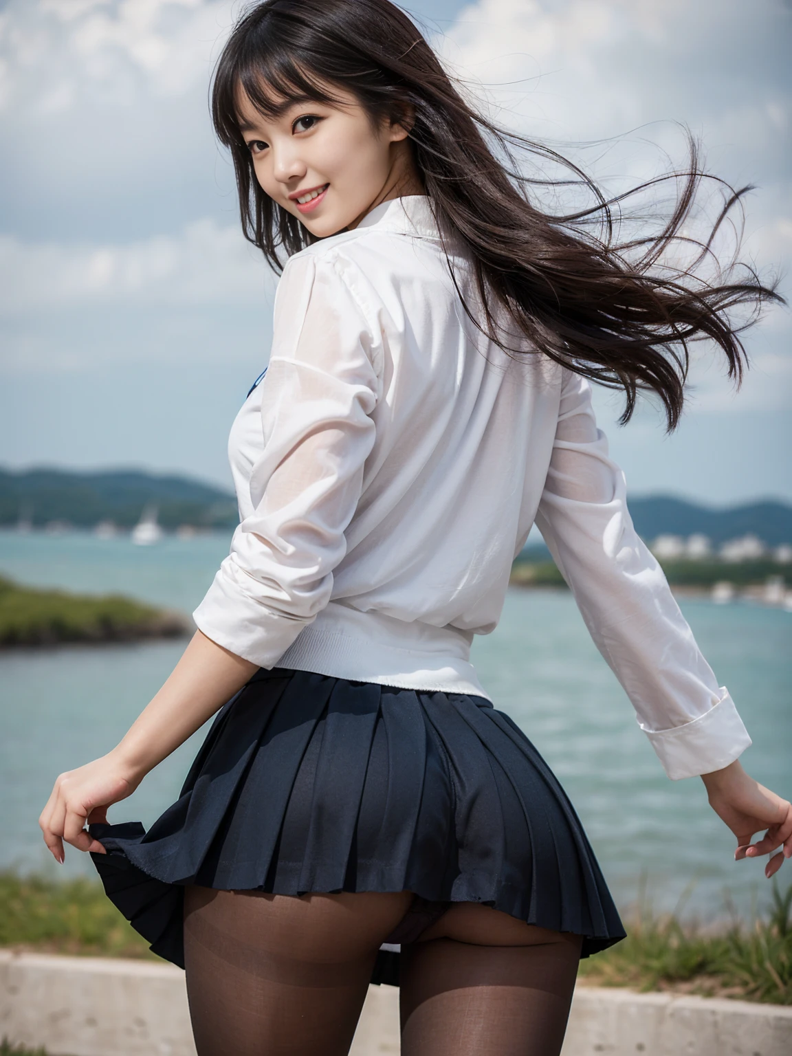woman, 20-year-old, Short black wavy hair、bangs、plump nipples、(Student Sailor Suit)、(Navy blue pleated student mini skirt、Thick black pantyhose、), Cute Smile、((Poses that accentuate the buttocks、looked back))、Sexy Hips、((((The wind blew her skirt away, Panties exposed...))))、(Matte black pantyhose、)、(Please tilt your head a little)