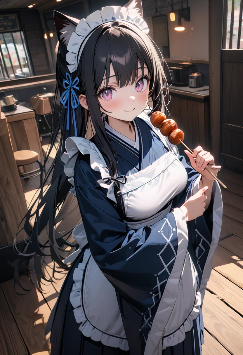 (8K, best quality, master piece: 1.2), super high resolution,1 beautiful girl,ultra-detailed face,cute eyes,(holding a skewered dumpling),standing,Maid outfit dress, cat ear catsuit,head dress,pink eyes, black hair, long hair,medium breasts,white apron, Navy Blue hakama skirt,wa maid,kimono,wide sleeves,frilled apron,lace trim,Navy Blue ribbon accents,smile,wooden floor ,Rim Light,indoors Japanese cafe