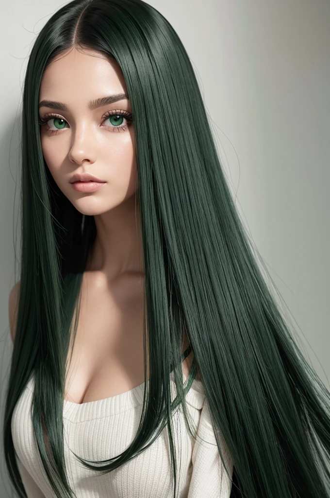Garota de cabelo preto com mechas verdes, branca e com olhos verdes