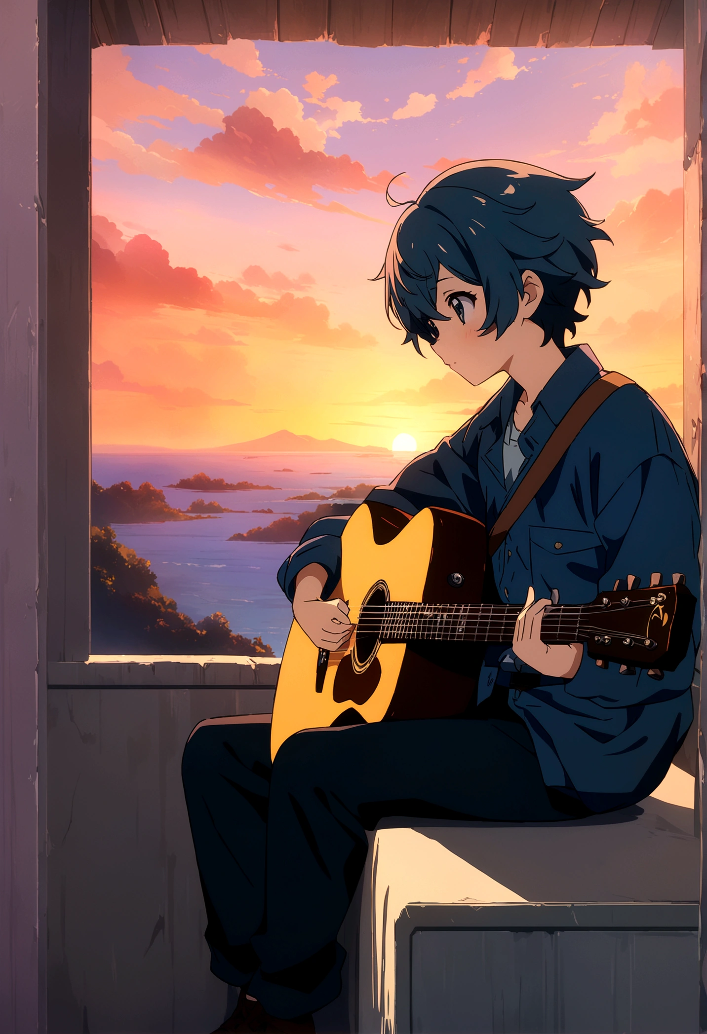 Anime boy sitting on the shelf and playing guitar at sunset, Anime Art Wallpapers 8K, anime art wallpaper 4k, anime art wallpaper 4k, Anime Style 4k, anime wallpaper 4k, anime wallpaper 4k, anime wallpaper 4k, Manga Wallpaper, 4K Wallpaper, Makoto Shinkai Cirilo Rolando, Girl playing guitar, LOFI Girl