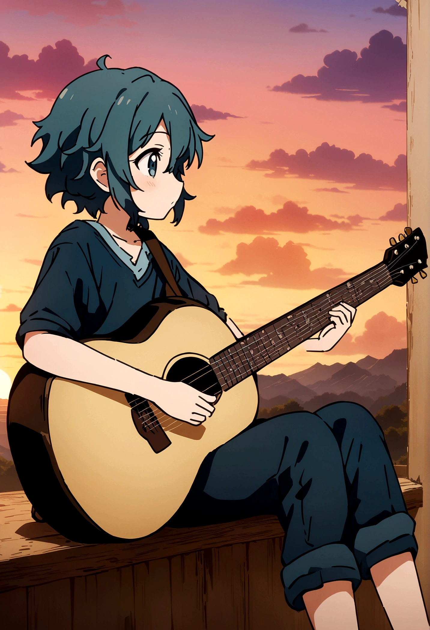 Anime boy sitting on the shelf and playing guitar at sunset, Anime Art Wallpapers 8K, anime art wallpaper 4k, anime art wallpaper 4k, Anime Style 4k, anime wallpaper 4k, anime wallpaper 4k, anime wallpaper 4k, Manga Wallpaper, 4K Wallpaper, Makoto Shinkai Cirilo Rolando, Girl playing guitar, LOFI Girl