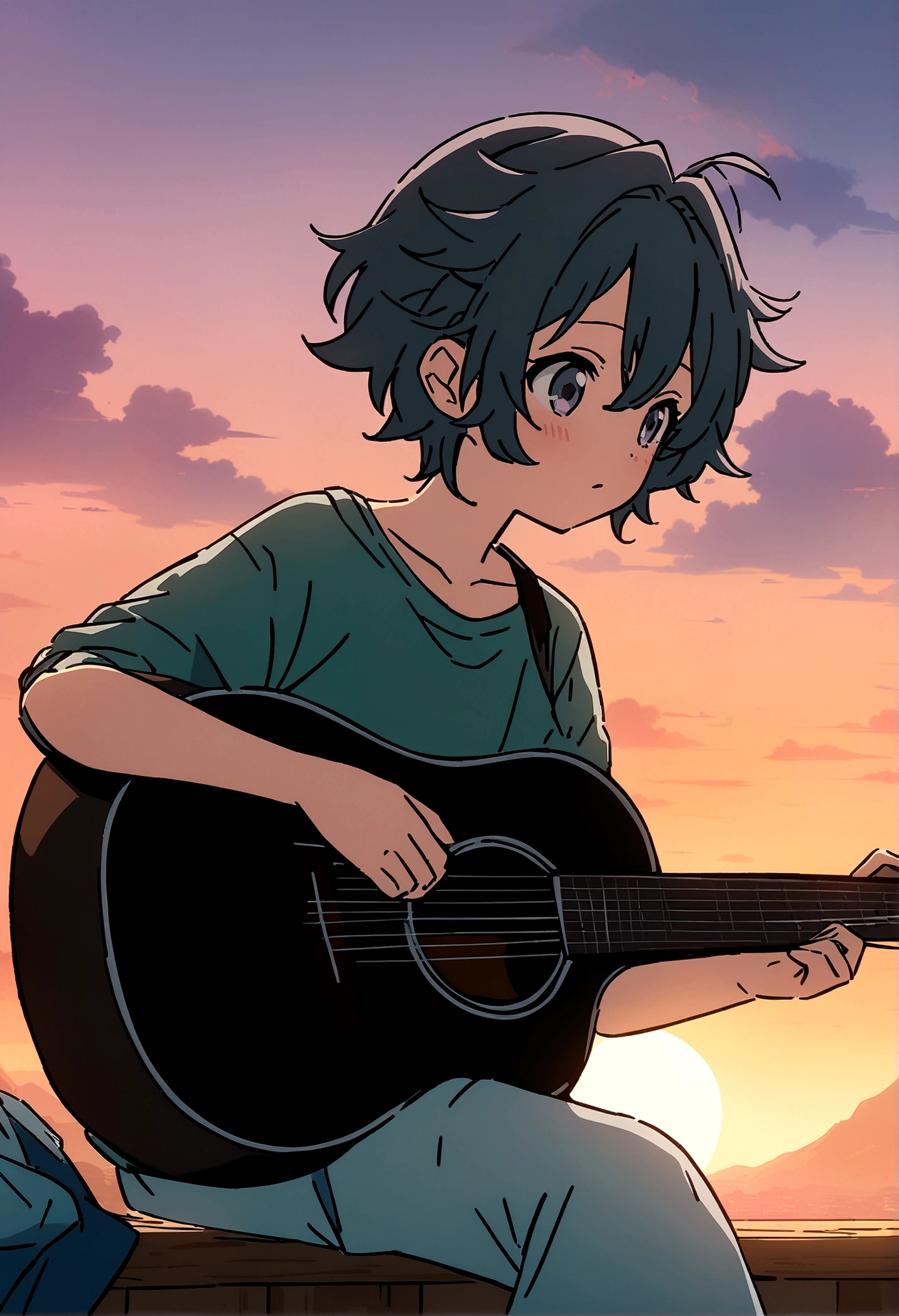 Anime boy sitting on the shelf and playing guitar at sunset, Anime Art Wallpapers 8K, anime art wallpaper 4k, anime art wallpaper 4k, Anime Style 4k, anime wallpaper 4k, anime wallpaper 4k, anime wallpaper 4k, Manga Wallpaper, 4K Wallpaper, Makoto Shinkai Cirilo Rolando, Girl playing guitar, LOFI Girl