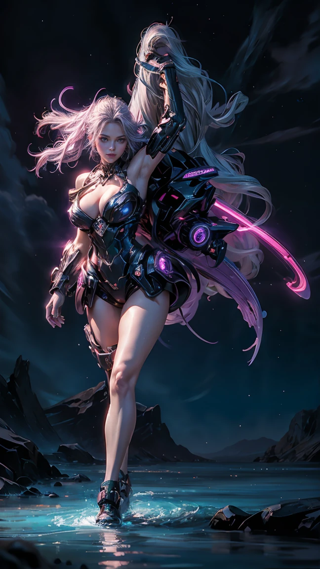 masterpiece, best quality, 1girl, ives, Mecha, beautiful lighting, (neon light: 1.2), (night: 1.5), "masterpiece, best quality, 1girl, full body portrait, sensual pose , dynamic movement, purple eyes, multicolored + silver hair: 1.3+red:1.2+purple+yellow:1.3+green:1.3, sculpted legs and tempting curves, full breasts, pretty face, lots of drops water, cloud, Twilight, open photo, Watercolor, Neon light: 1.2, night: 1.5, Mecha, beautiful lighting, bright neon light: 1.2, unforgettable mysterious night: 1.5"