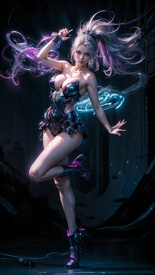 masterpiece, best quality, 1girl, ives, Mecha, beautiful lighting, (neon light: 1.2), (night: 1.5), "masterpiece, best quality, 1girl, full body portrait, sensual pose , dynamic movement, purple eyes, multicolored + silver hair: 1.3+red:1.2+purple+yellow:1.3+green:1.3, sculpted legs and tempting curves, full breasts, pretty face, lots of drops water, cloud, Twilight, open photo, Watercolor, Neon light: 1.2, night: 1.5, Mecha, beautiful lighting, bright neon light: 1.2, unforgettable mysterious night: 1.5"