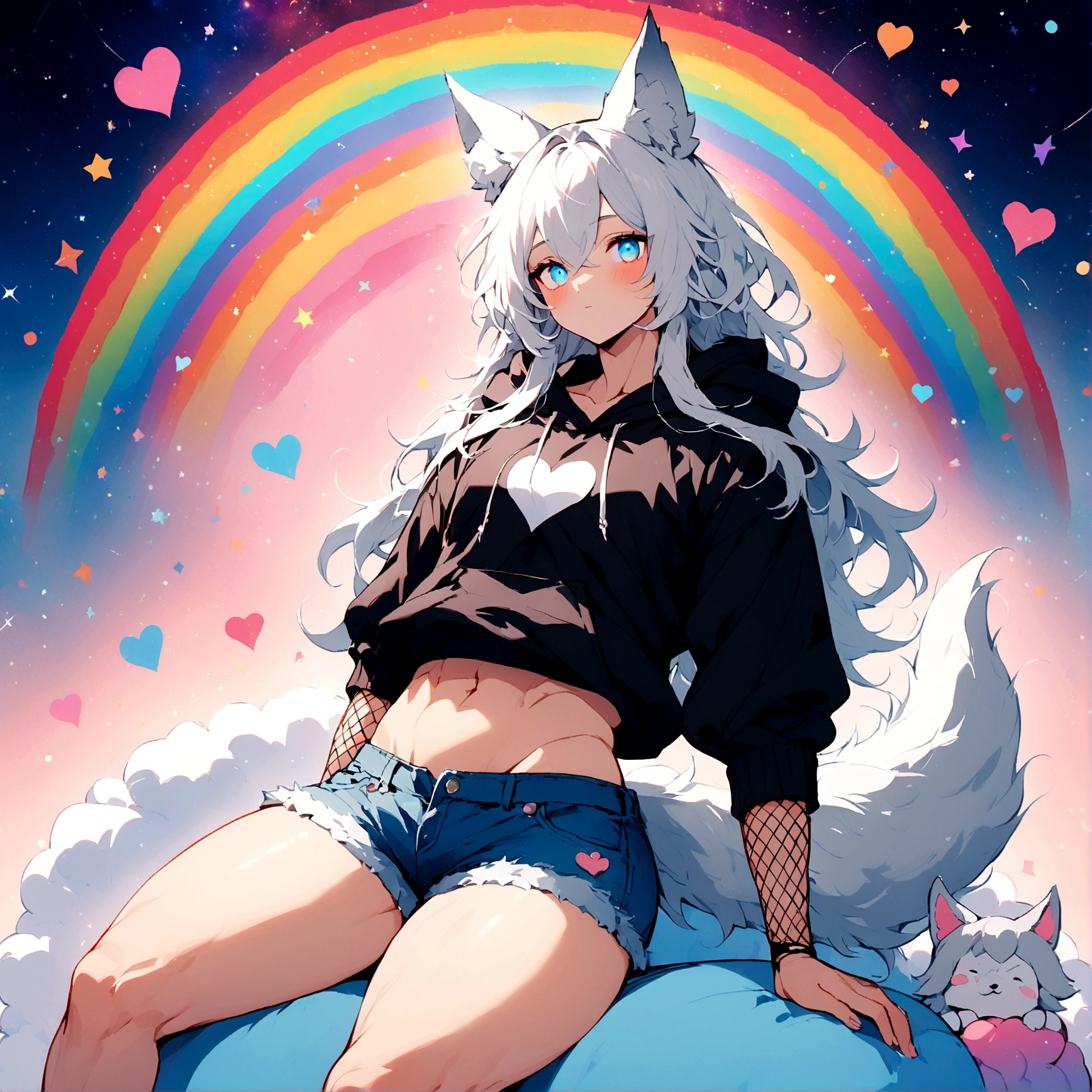 a cute adult male with wolf ears, long white hair, long locks, has a wolf tail, wearing a loose cropped black hoodie, wearing a pair of denim short shorts and fishnet stockings, thick thighs, wide hips, relaxing on mound of fluffy multi colored kawaii plushies, short, very slim, showing slender tummy, heart on hoodie, squishy thighs, has glowing blue eyes. alone, solo (ALONE)(SOLO), surrounded by rainbows, colorful galaxy backround, has abs