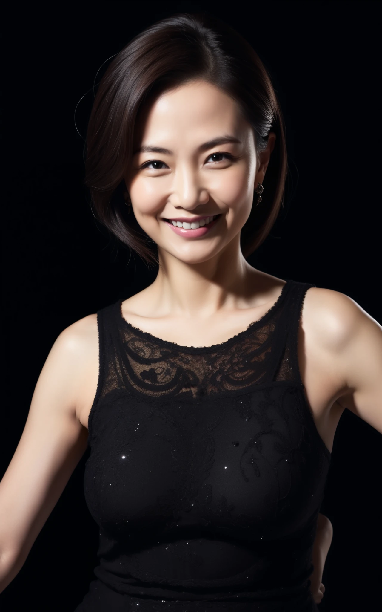 masterpiece,best quality, (milf:1), ((portrait:1.2)), cross arms, smile:0.1, (a bit joy:0.5), black  background,   