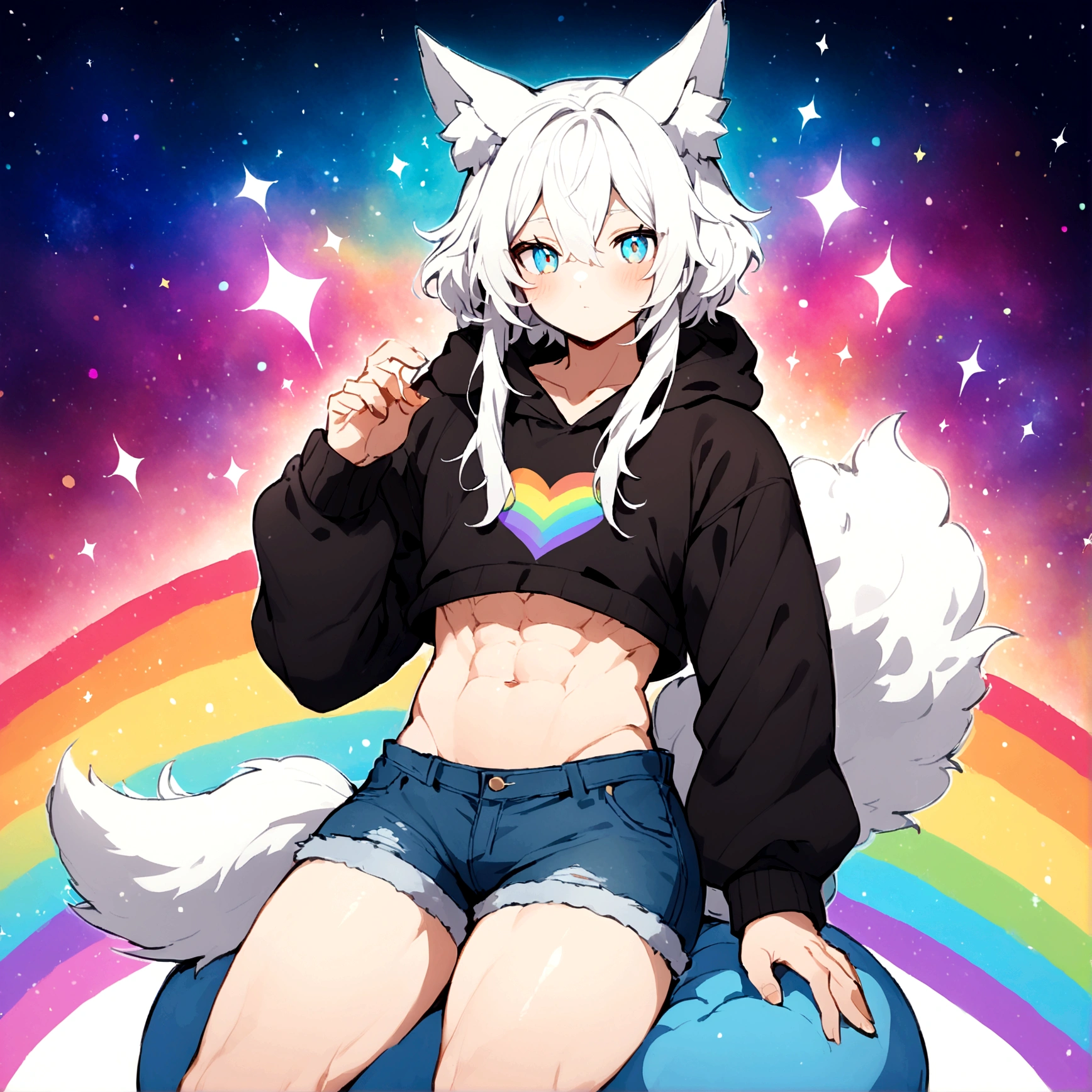 a cute adult male with wolf ears, long white hair, long locks, has a wolf tail, wearing a loose cropped black hoodie, wearing a pair of denim short shorts and fishnet stockings, thick thighs, wide hips, relaxing on mound of fluffy multi colored kawaii plushies, short, very slim, showing slender tummy, heart on hoodie, squishy thighs, has glowing blue eyes. alone, solo (ALONE)(SOLO), surrounded by rainbows, colorful galaxy backround, has abs