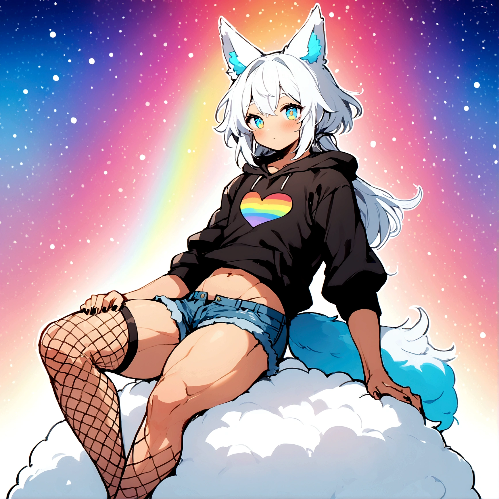 a cute adult male with wolf ears, long white hair, long locks, has a wolf tail, wearing a loose cropped black hoodie, wearing a pair of denim short shorts and fishnet stockings, thick thighs, wide hips, relaxing on mound of fluffy multi colored kawaii plushies, short, very slim, showing slender tummy, heart on hoodie, squishy thighs, has glowing blue eyes. alone, solo (ALONE)(SOLO), surrounded by rainbows, colorful galaxy backround, has abs