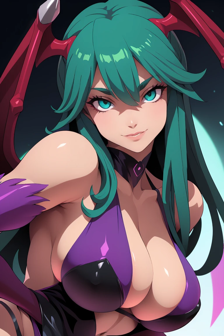 (best quality). (Ultra Detalhado). (1girl), Olhando para o Viewer. (Antecedentes detalhados). Morrigan Aensland. (high saturation), seios grandes, close up of the face, wicked smile, head tilled up, glowing eyes, emitting glow eyes, dark background, dim lighting