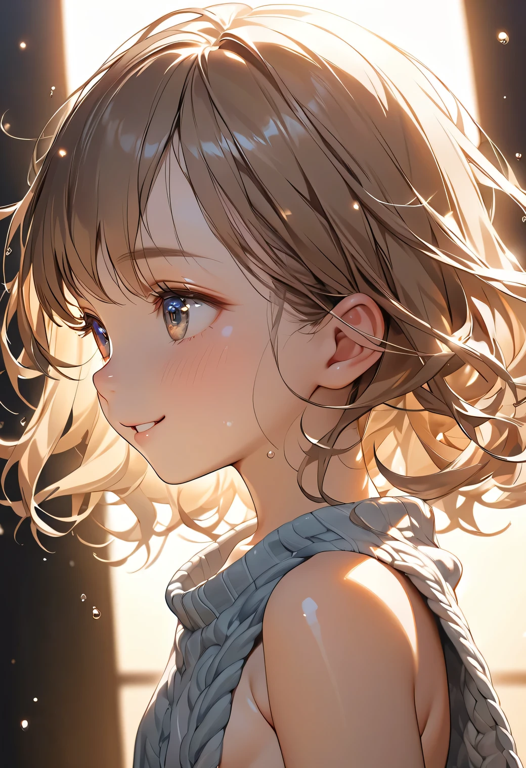 masterpiece, upper body shot profile, 12-year-old 1loli、independent、Look forward、Light eye makeup、Brown Hair Color、flat 、Hair blowing in the wind、Quality of actress、Shiny, Ultra-realistic faces、smile、Watery eyes、look up、Soothing lighting effects、 Ultra-Realistic Capture、Very detailed、High resolution 16k human skin closeup, Skin texture must be natural、Must be so detailed that pores are visible、skin is healthy、Must be of knitwear tone、Use natural light and color、High quality photos taken by modeling agencies, Exclusive photographer、smile, loose and light weight knitwear, shoulder out, no bra, sleeveless, showing small sideboob of the tiny breasts, pretty infant:1.3