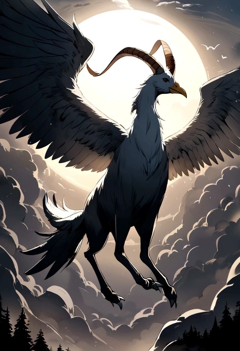 The pigeon that like a wolf and a goat , wings , beak , feather , 4 legs , ears , horn