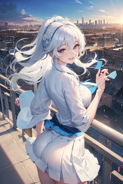 Official Art, masterpiece, Clear focus, (Beautiful, gorgeous and lovely Korean women:1.3), (Beautiful and cute Korean:1.3), Korean beauty, Exquisite and beautiful hair、Eyes and face, Practical, Super detailed, beautiful girl, Blue sky, 夜光White颗粒, (Side Light:1.2), Sunlight, White Cloud, Detailed Cloud, thin and long, Cute big boobs and big ass, grin, ((Smile with your eyes, Open your eyes)), landscape, long, Straight Hair, sexy facial expression, architecture, (city View:1.7), Dynamic Hair, long, Straight Hair, delicate white hair, glowing blue eyes, (blue pleated shirt + White Skirt), White, Pale skin, Hair accessories, epic landscape,Nice little ass,Beautiful buttocks ,White高跟鞋,The skirt was lifted,Short skirt,Nice butt,Beautiful buttocks