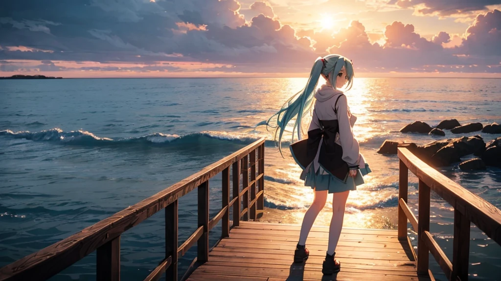 Hatsune Miku standing on a wooden bridge illuminated by the setting sun。She stared into the distance、I'm reminiscing on fond memories。Surrounded by a quiet lake、Her hair is blowing in the wind。This scene is、It has a calm and emotive atmosphere that connects the past and the present.。