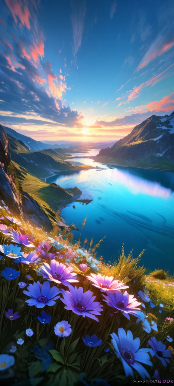  High quality, ultra realistic,absurdres, highres, ultra detailed, HDR, masterpiece, extremely detailed , beautiful colorful flowers , light blue lake , glowing , beautiful landscape 