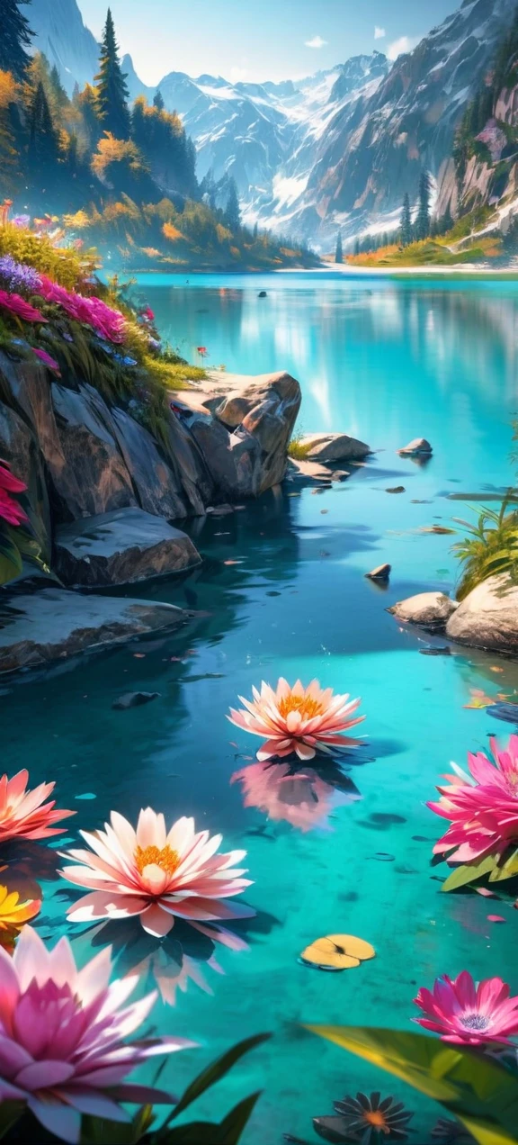 High quality, ultra realistic,absurdres, highres, ultra detailed, HDR, masterpiece, extremely detailed , beautiful colorful flowers , light blue lake , glowing , beautiful landscape