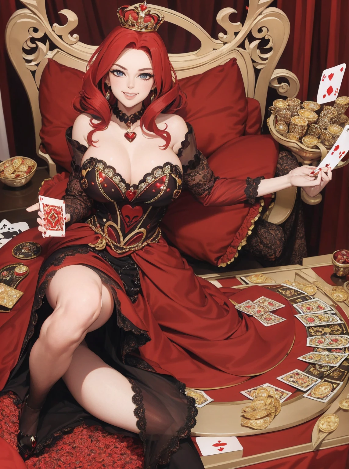 Em um luxuoso cassino, A stunning woman wears an exquisite dress adorned with heart symbols, embodying the royal presence of the Queen of Hearts. Surrounded by a backdrop of poker cards and chips, She exudes confidence and seduction, convidando os jogadores a testar sua sorte e habilidades no jogo de azar. short curly hair, cabelos vermelhos (red hair ) (queen of hearts), backwards, looking back, sorrindo, sorriso largo, upper body
