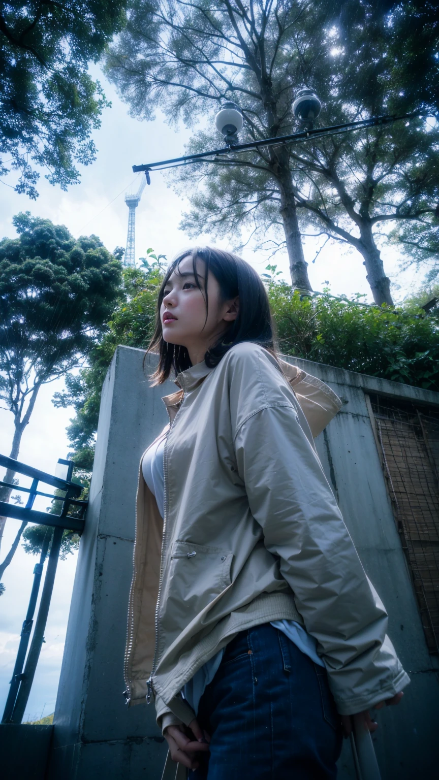 ((crane))、Rainy Sky、((1girl)),from below