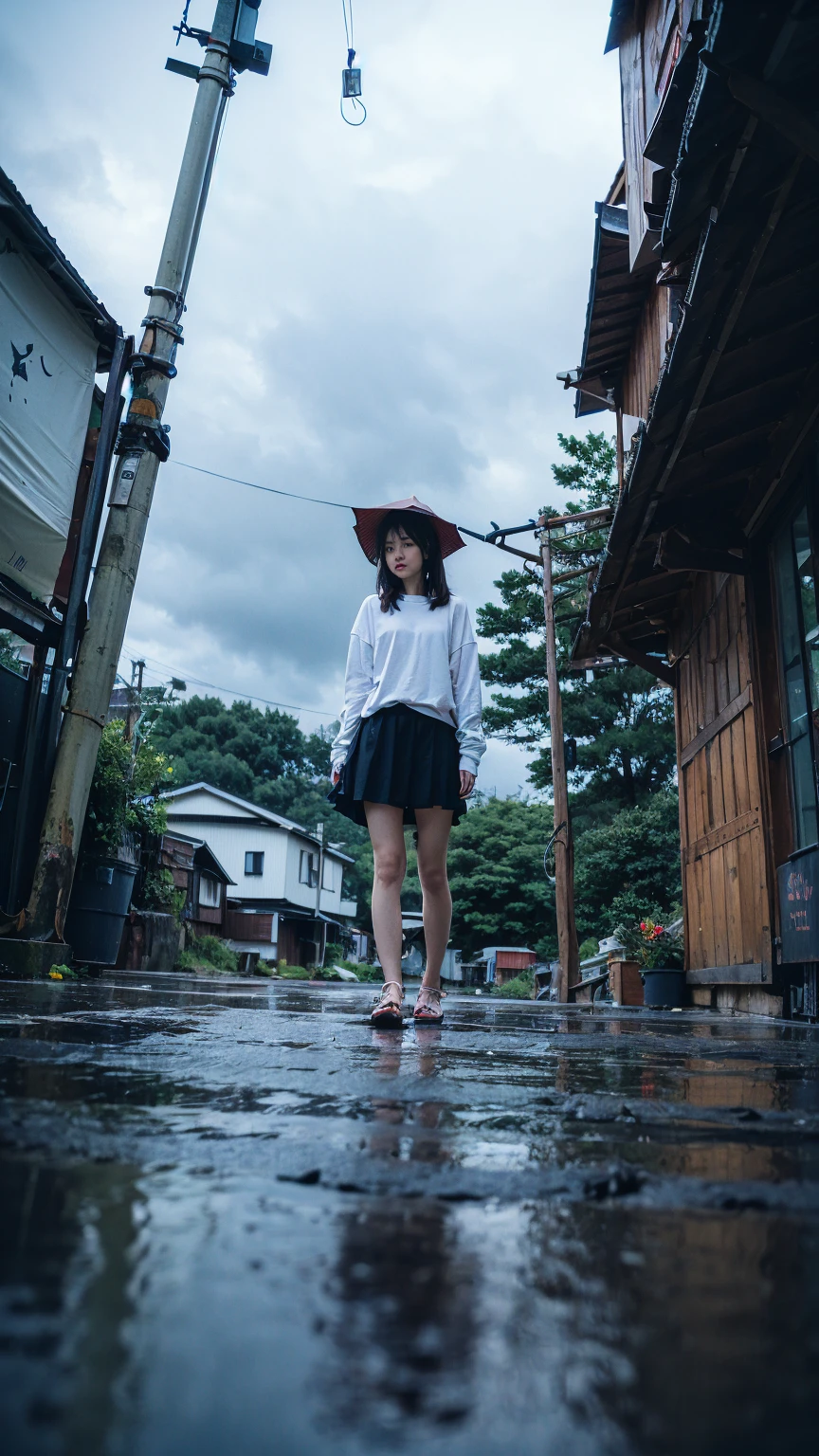 ((crane))、Rainy Sky、((1girl)),from below