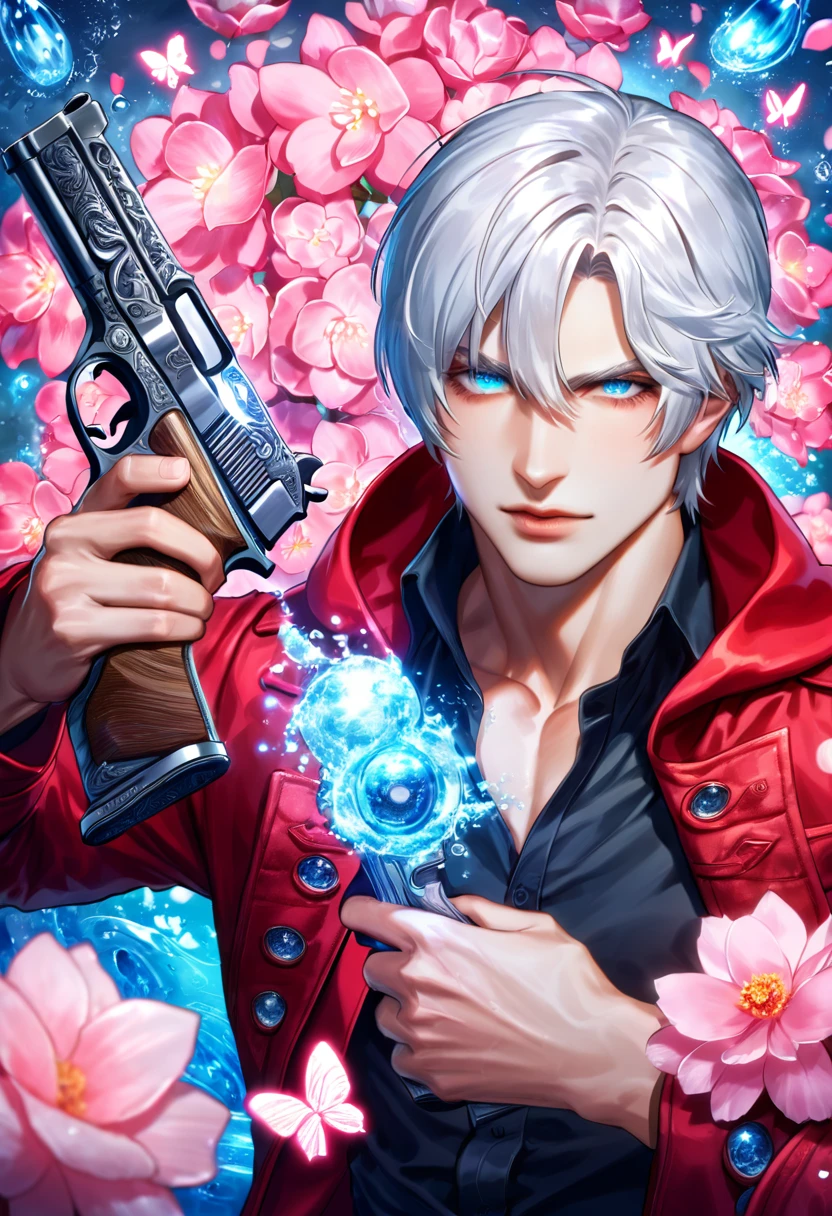 absurdres, highres, ultra detailed, HDR, master piece, best quality, Dante, white hair, expressive blue eyes, devil may cry, solo, man holding a gun, handsome, red coat, black shirt, magical, fantasy, shining, pink flowers, pink blossoms, pink butterflies, pink petals, water