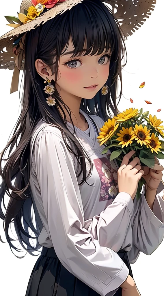 cute、Perfect Anatomy、Picturesque、sketch、texture、alone、Very detailed、(Fractal Art:1.1)、(Gentle colors:1.1)、(Floral:1.6)、Most detailed、(Tangled:1.2)、(Dynamic pose)、(Abstract background:1.3)、(Glowing Skin)、(Many colors:0.8)、、(Earrings:1.4)、(feather:0.9)、Taisho romance,(masterpiece、Highest quality、Highest quality、Official Art、beautifully、aesthetic:1.2)、23years old、Cute Style。An elegant and beautiful girl with long brown braided hair、She wears colorful striped tights under a straw hat decorated with flowers.。She has green eyes、Wearing a rainbow sweater。In the background、It depicts a magical garden filled with blooming sunflowers and daisies.。whole body、Delicate and high-quality art style、Cute and dreamy atmosphere、Soft lighting、Bright colors、Digital Painting