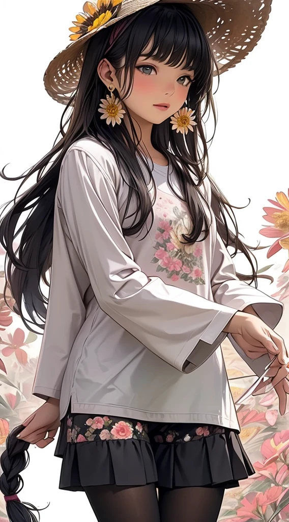 cute、Perfect Anatomy、Picturesque、sketch、texture、alone、Very detailed、(Fractal Art:1.1)、(Gentle colors:1.1)、(Floral:1.6)、Most detailed、(Tangled:1.2)、(Dynamic pose)、(Abstract background:1.3)、(Glowing Skin)、(Many colors:0.8)、、(Earrings:1.4)、(feather:0.9)、Taisho romance,(masterpiece、Highest quality、Highest quality、Official Art、beautifully、aesthetic:1.2)、23years old、Cute Style。An elegant and beautiful girl with long brown braided hair、She wears colorful striped tights under a straw hat decorated with flowers.。She has green eyes、Wearing a rainbow sweater。In the background、It depicts a magical garden filled with blooming sunflowers and daisies.。whole body、Delicate and high-quality art style、Cute and dreamy atmosphere、Soft lighting、Bright colors、Digital Painting