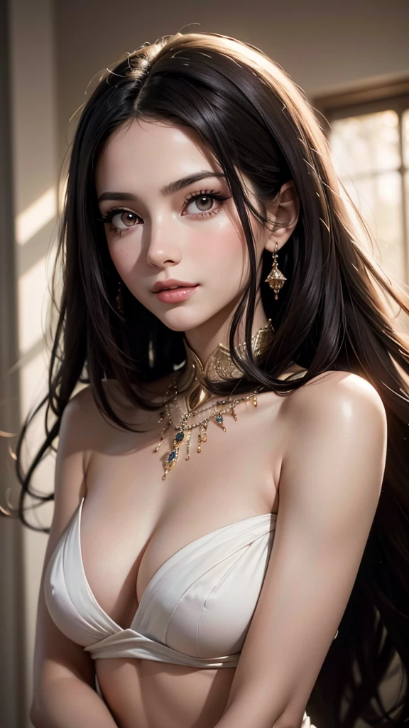 Soft portrait of a beautiful woman, flowing dark hair, captivating gaze, elegant features, radiant smile, feminine beauty, subtle makeup, striking eyes, long lashes, graceful posture, stylish attire, soft shadows, warm skin tones, detailed portrait, realistic style, high-resolution, delicate lighting, digital painting, by Sofia Bonati, Behance.