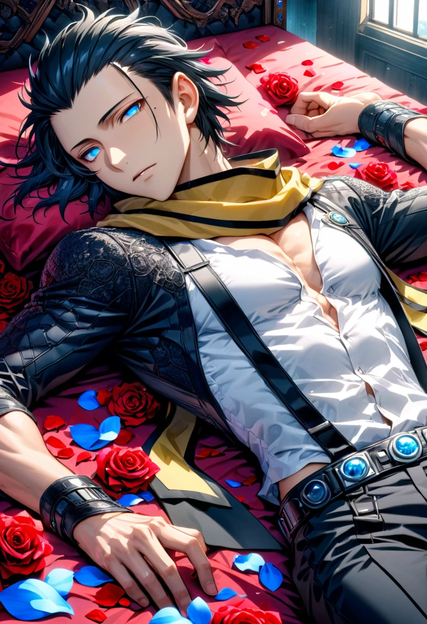 Ultra detailed, Highres, absurdres, HDR, Mochizuki Ryouji, black hair, slicked back hair, expressive blue eyes, yellow scarf with black patterns, Persona 3, fantasy, petals, handsome, sexy man, solo, very detailed eyes and face, master piece, lying down in a bed, red sheets, petals, magical, roses, mole under his left eye, black pants, white shirt, toned chest,