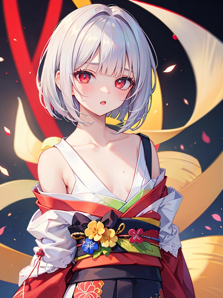 masterpiece, best quality, :o, sweating, close upmasterpiece,best quality,8k wallpaper,1  girl,solo,
flat chest, skinny, ribs,
beautiful embroidery kimono,light smile,pale skin, pale skin shade, intricate white hair,red eyes,squinting eyes,empty eyes,no pupils,
eyelashes,red eye liner,bob cut,intricate kanzashi, blunt bangs,Japanese ro, daytime, invitation,dynamic angle