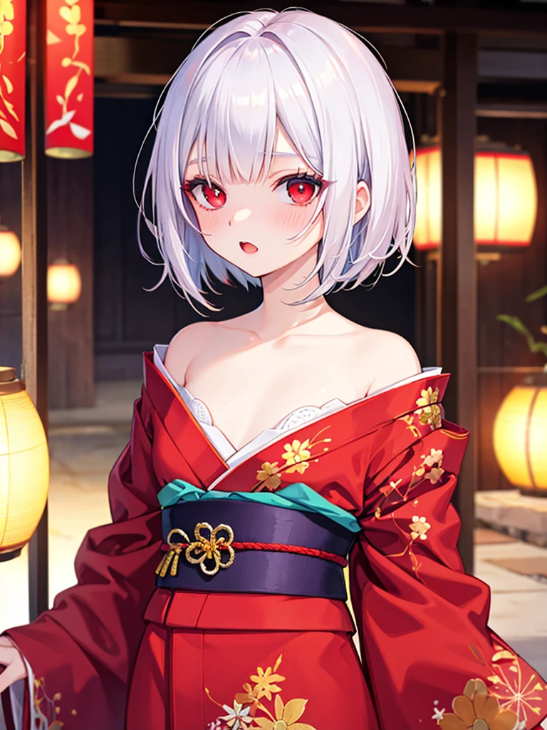 masterpiece, best quality, :o, sweating, close upmasterpiece,best quality,8k wallpaper,1 girl,solo,
flat chest, skinny, ribs,
beautiful embroidery kimono,light smile,pale skin, pale skin shade, intricate white hair,red eyes,squinting eyes,empty eyes,no pupils,
eyelashes,red eye liner,bob cut,intricate kanzashi, blunt bangs,Japanese ro, daytime, invitation,dynamic angle
