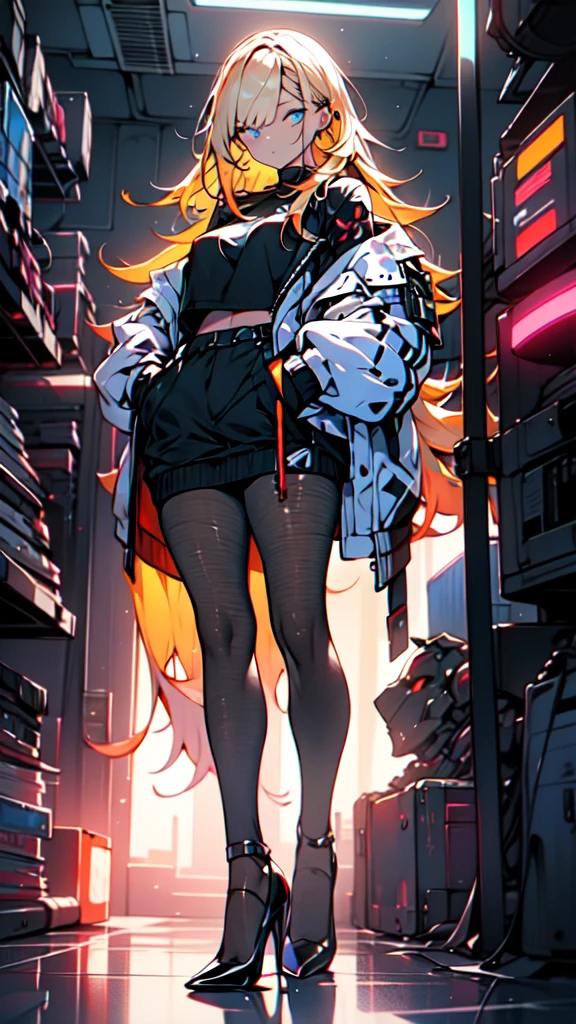 1 girl, long Yellow hair , cyberpunk, blue eyes, high heels, hand in pocket, best quality, 4k, 8k, highres, masterpiece:1.2, ultra-detailed, realistic, photorealistic, photo-realistic:1.37, HDR, UHD, studio lighting, ultra-fine painting, sharp focus, physically-based rendering, extreme detail description, professional, vivid colors, bokeh, cyberpunk, science fiction, neon lights, dark atmosphere, dramatic lighting