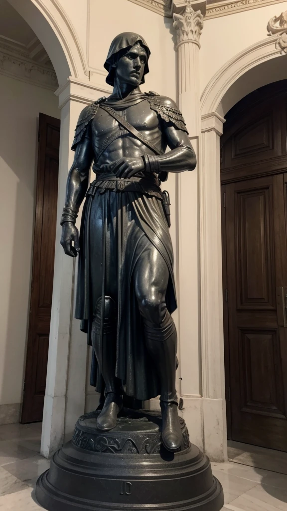 estatua grega de um guerreiro numa pegada meio dark no meio da guerra
