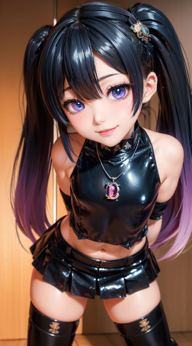 (masterpiece:1.3), (Best Quality:1.3), (Ultra-detailed:1.2), ((kawaii)), Cute, (lovely), ((sexy)), ((Extremely detailed)), 4K, (8K), Best Quality, (Beautiful), Illustration, anime style, (bold line:1.2), Gradation, looking at viewer, //, (bent down:1.1), (arms behind back), //, a cute girl, 1girl, (solo:1.2), gleaming skin, //, (flat chested), (Perfect eyes:1.2), (Perfect iris:1.2), //, darkblue hair color, (beautiful eyes) //, (half closed eyes:1.3), (sexual expression:1.2), Fascinated expression, smile, (blush:1.2), //, modern city background, on rock, twin tails, muscle girl, hard abs, exposed abs, NECKLACE, tight blouse, skirt