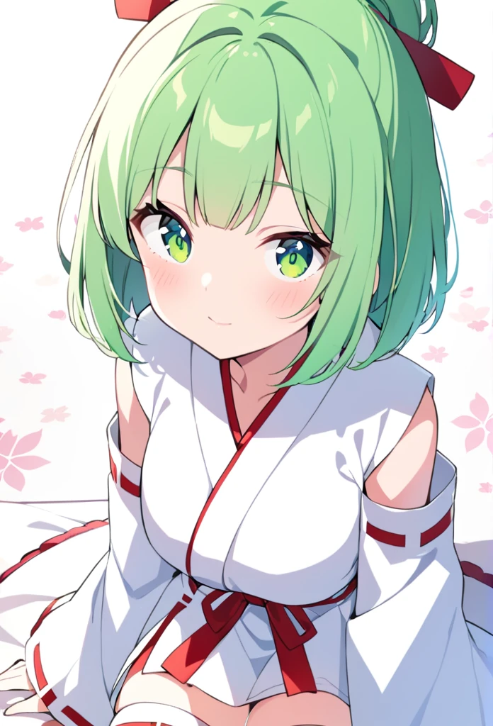 1 girl, cute, young, green hair, bob haircut, green eyes, miko, thigh high,