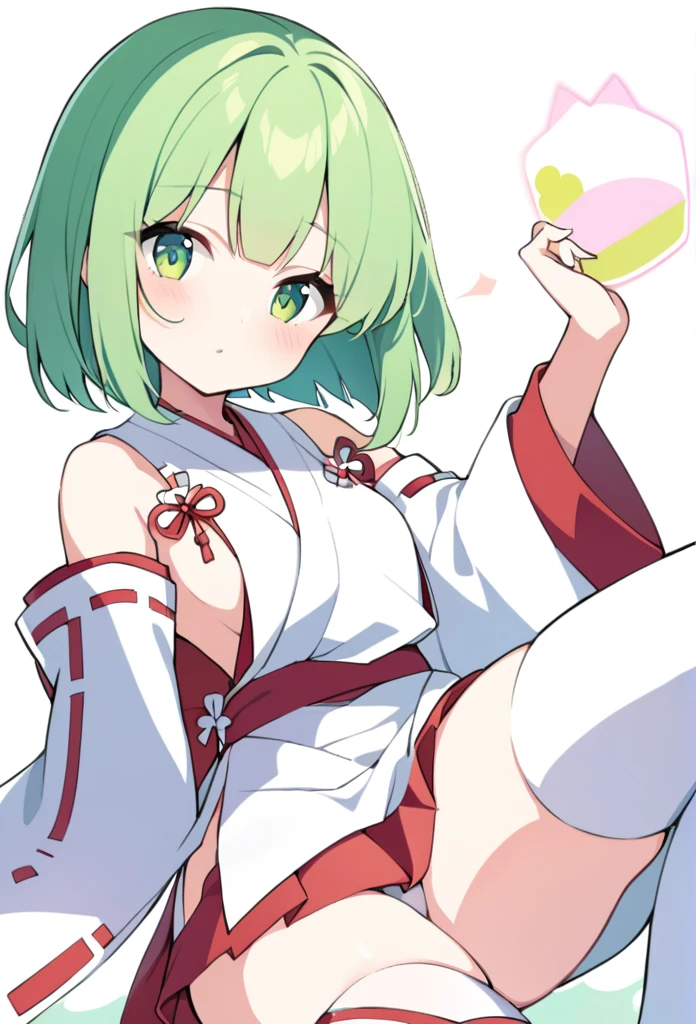 1 girl, cute, young, green hair, bob haircut, green eyes, miko, thigh high,
