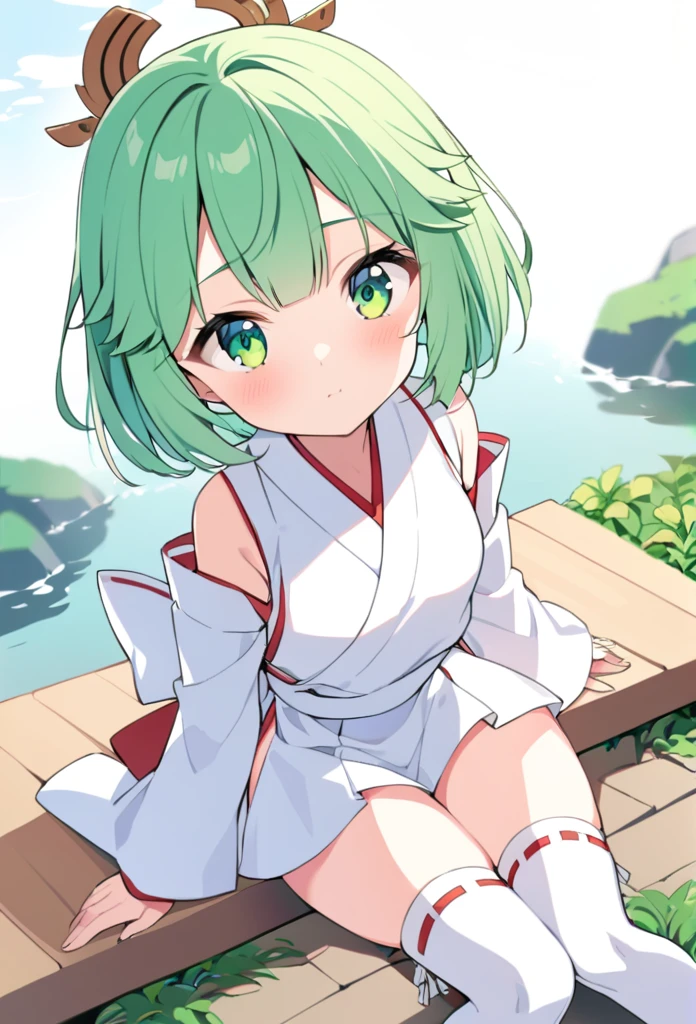 1 girl, cute, young, green hair, bob haircut, green eyes, miko, thigh high,