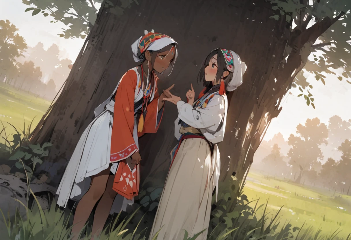 Dynamic Angle、In the jungle、grassland、Amazoness、Girl、Girl、Short、Lower school girls、Innocence、Pure、Pussy、Indian、Both eyes open、National costume、Ethnic Makeup、Brown skin、Small breasts、Nipples、forehead