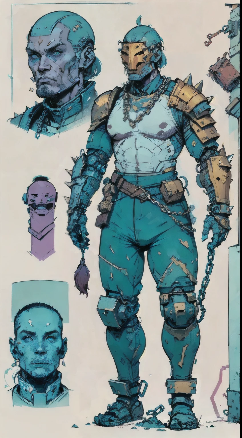 1man, old man, perfect proportions, anatomically correct, (head to toe: 2.0), (full body image: 2.0), solo, extremely stylized, deviant art, masterpiece, highly detailed, detailed eyes, expressive detailed eyes, detailed pupils, futuristic, ((wearing an armored helmet)), ((holding a spiked flail)), (cybernetic arms:1.4), big boots, entire body image, full body shot, nvinkpunk, professional photograph of alexander_skarsgard, tassles, large beads, (large tassels), cyberpunk, inkpunk, paint platter, ink splatter, (action pose:1.0), ((chainmail shirt)), old warrior, long beard, ((armor shoulders))