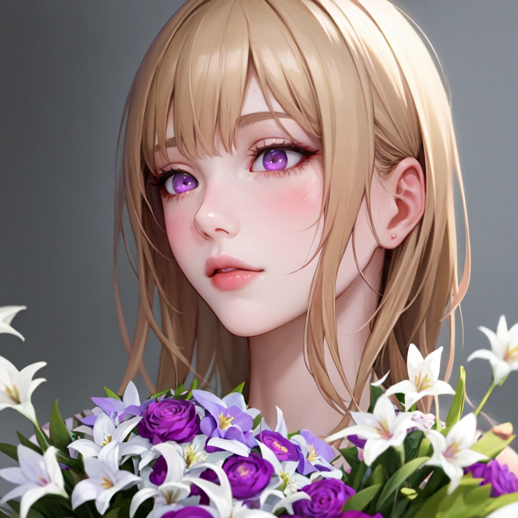 1boy holding a bouquet of pink and white flowers, beautiful and delicate face, ((soft purple eyes)), ((blonde hair)), background all white, (natural skin texture), (regular lighting) (hyperrealism:1.2), focused,[[realistic]]