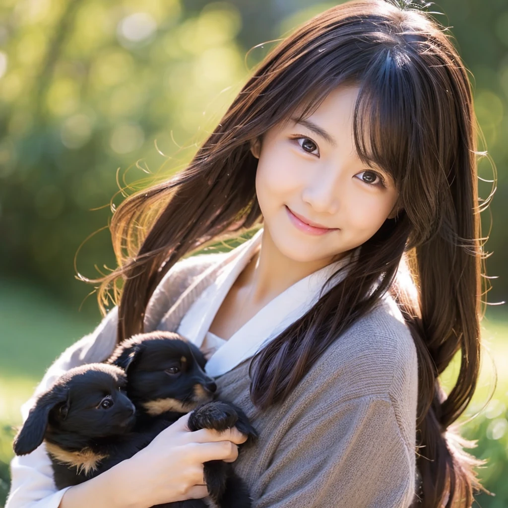 Create an anime-style portrait of a Japanese girl。Her hair is dark brown、Let it flow naturally。The girl has a gentle smile。She looks loving、Holding a cute puppy、It&#39;s a scene that evokes warmth and camaraderie.。Background、It should be a blend of warm and cool colors that complement the overall composition.。She is wearing a blue dress with intricate detailing.、Gives an elegant impression。The overall atmosphere of the piece is bright and attractive.、Capture the girl&#39;s kind and friendly personality。