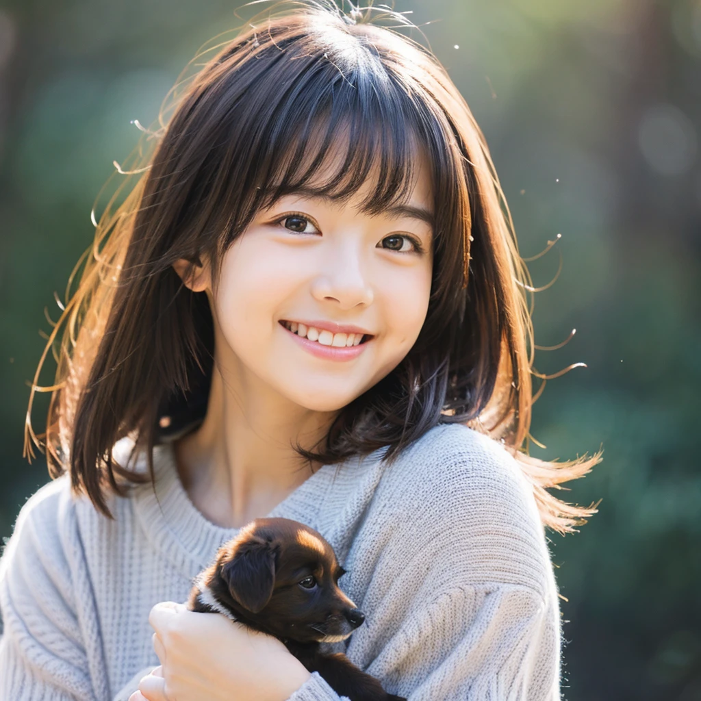 Create an anime-style portrait of a Japanese girl。Her hair is dark brown、Let it flow naturally。The girl has a gentle smile。She looks loving、Holding a cute puppy、It&#39;s a scene that evokes warmth and camaraderie.。Background、It should be a blend of warm and cool colors that complement the overall composition.。She is wearing a blue dress with intricate detailing.、Gives an elegant impression。The overall atmosphere of the piece is bright and attractive.、Capture the girl&#39;s kind and friendly personality。