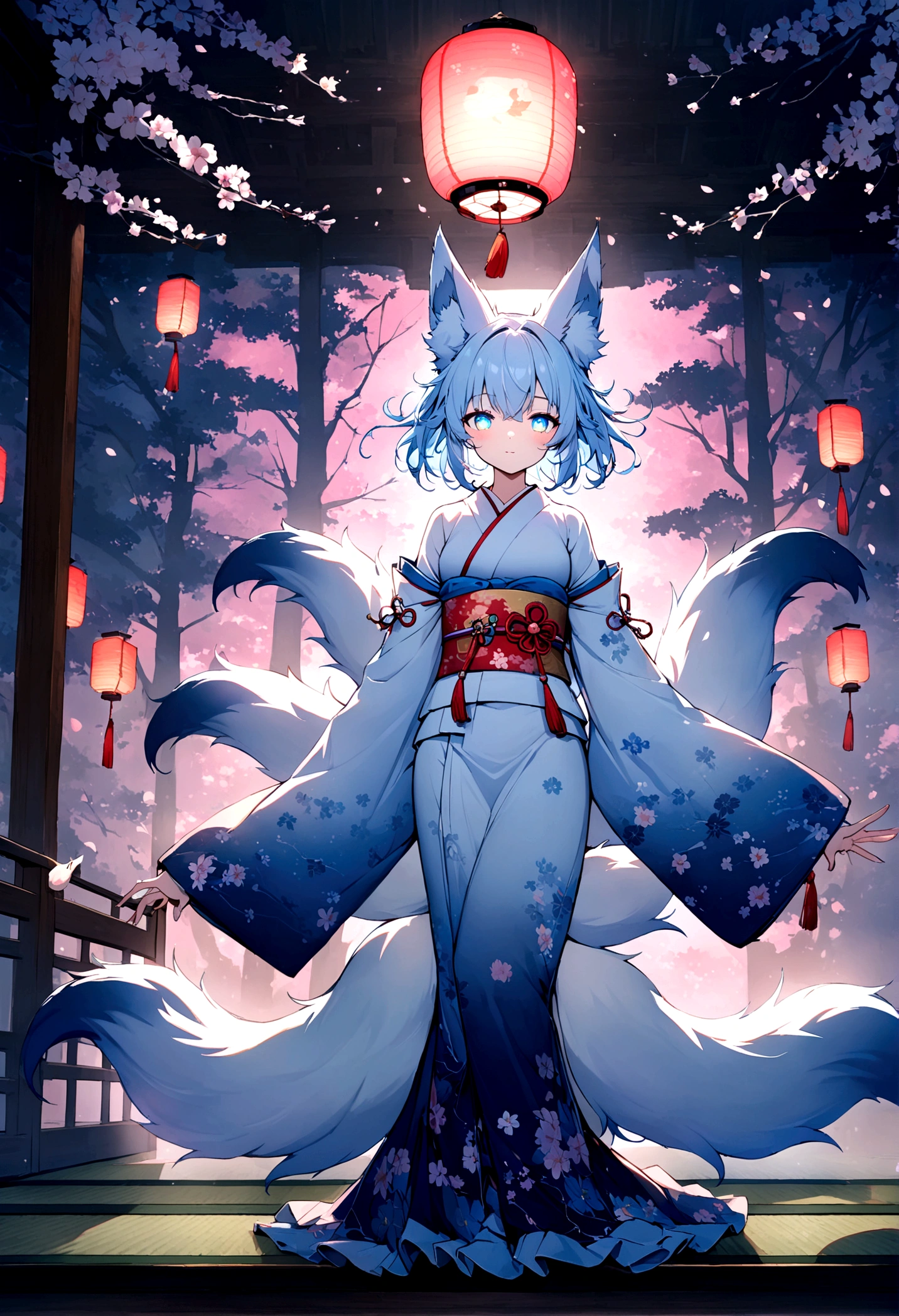 fox Light blue hair 　beast girl　indigo fur　fox beast girl　Wallpaper 4k,8k,highly detailled,,vivid colors,detailed kitsune with 9 tails,traditional Japanese artwork,tatami floor,beautiful cherry blossoms,floating lanterns,dark silhouette of a pagoda,subtle moonlight,dense forest,ethereal atmosphere,dappled sunlight,whimsical spirit,serene expression,elaborate kimono and obi,delicate hand-painted details,luminous eyes